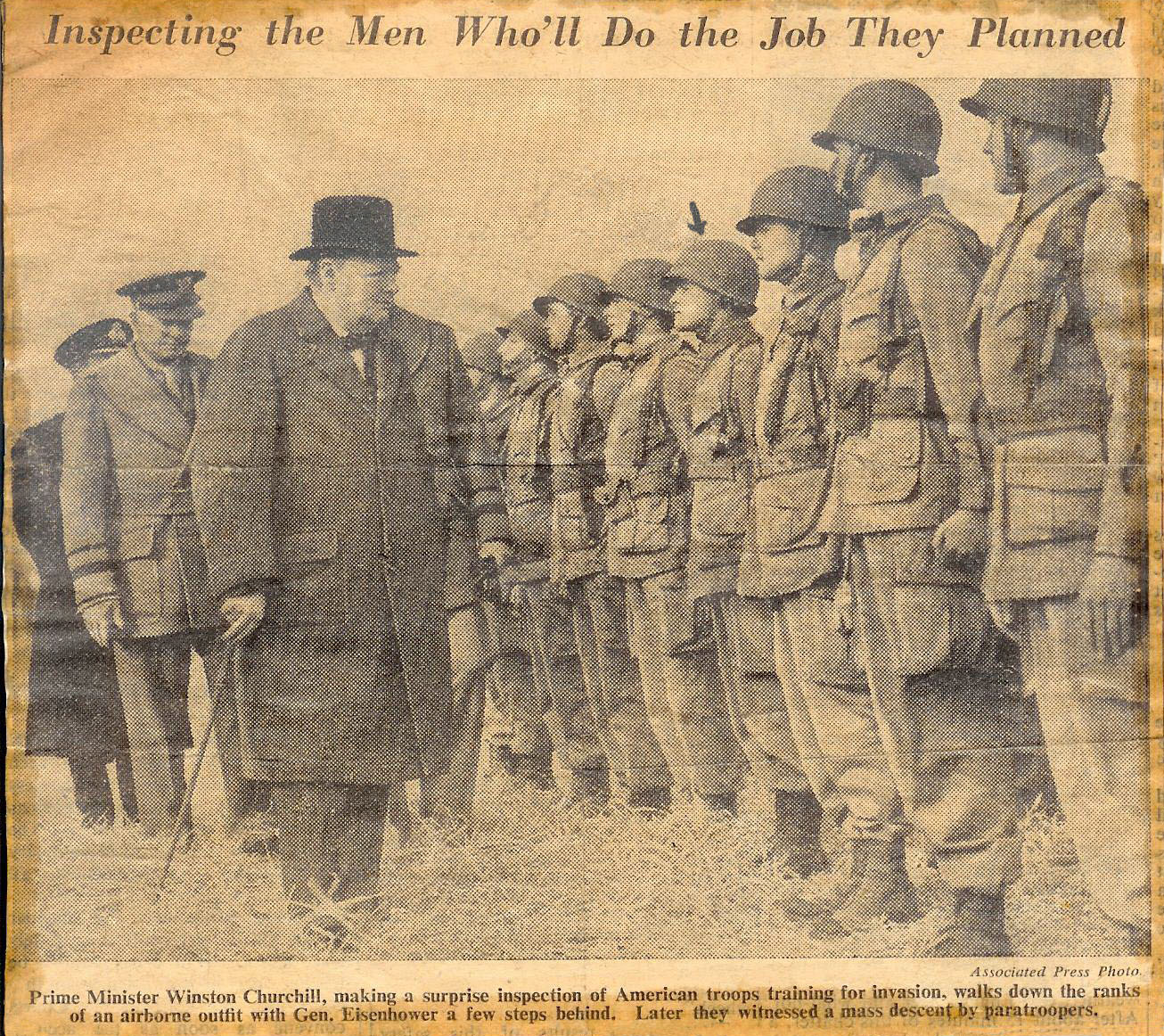 General Eisenhower and Winston Churchill look over the 456-PFA training for the Normandy Invasion.